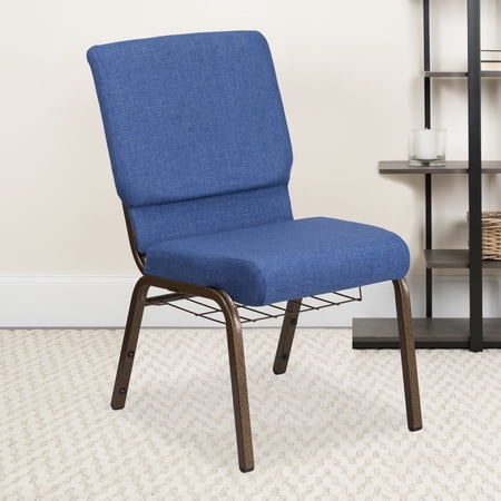 Emma + Oliver 18.5"W Church Chair, Blue Fabric Cup Book Rack/Gold Vein Frame