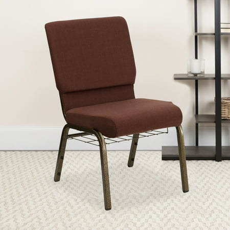 Emma + Oliver 18.5"W Church Chair, Brown Fabric Cup Book Rack/Gold Vein Frame