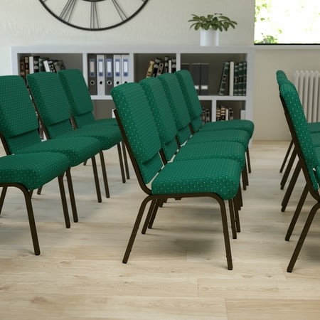 Emma + Oliver 18.5"W Stack Church Chair, Green Patterned Fabric/Gold Vein Frame