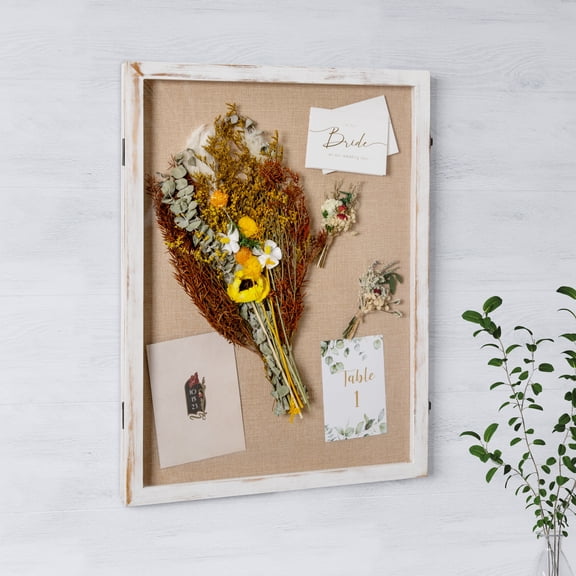 Emma + Oliver 18x24 Shadow Box Display Case with Linen Liner, 8 Push Pins and Solid Pine Wood Frame in Whitewash