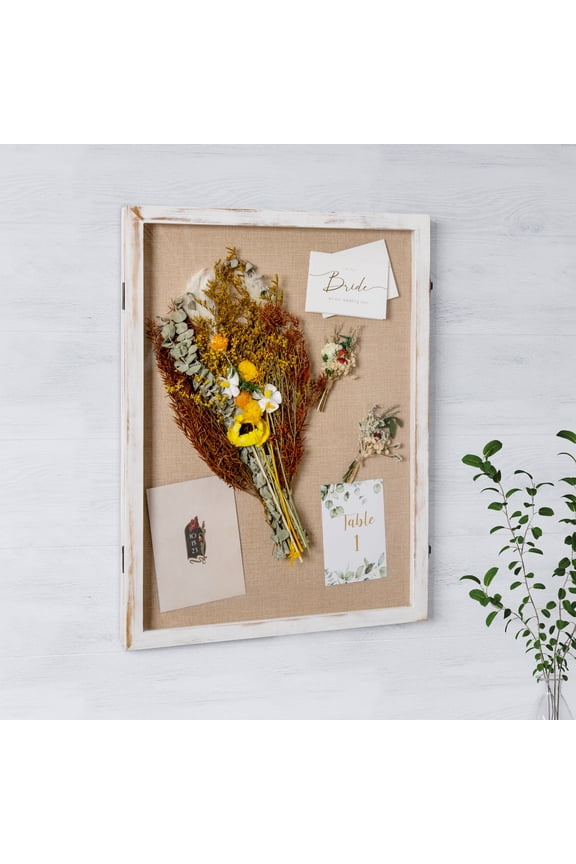 18x24 Shadow Box Display Case with Linen Liner, 8 Push Pins and Solid Pine Wood Frame in Whitewash