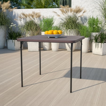 Emma + Oliver 2.83-Foot Square Bi-Fold Brown Wood Grain Plastic Folding Table with Handle