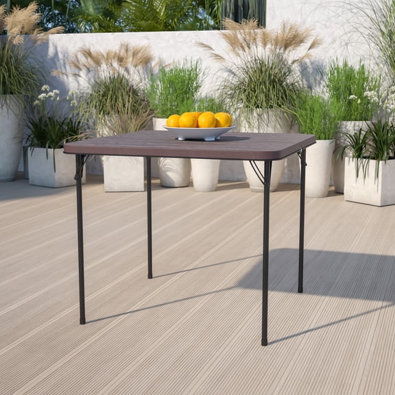 Emma + Oliver 2.83-Foot Square Bi-Fold Brown Wood Grain Plastic Folding Table with Handle
