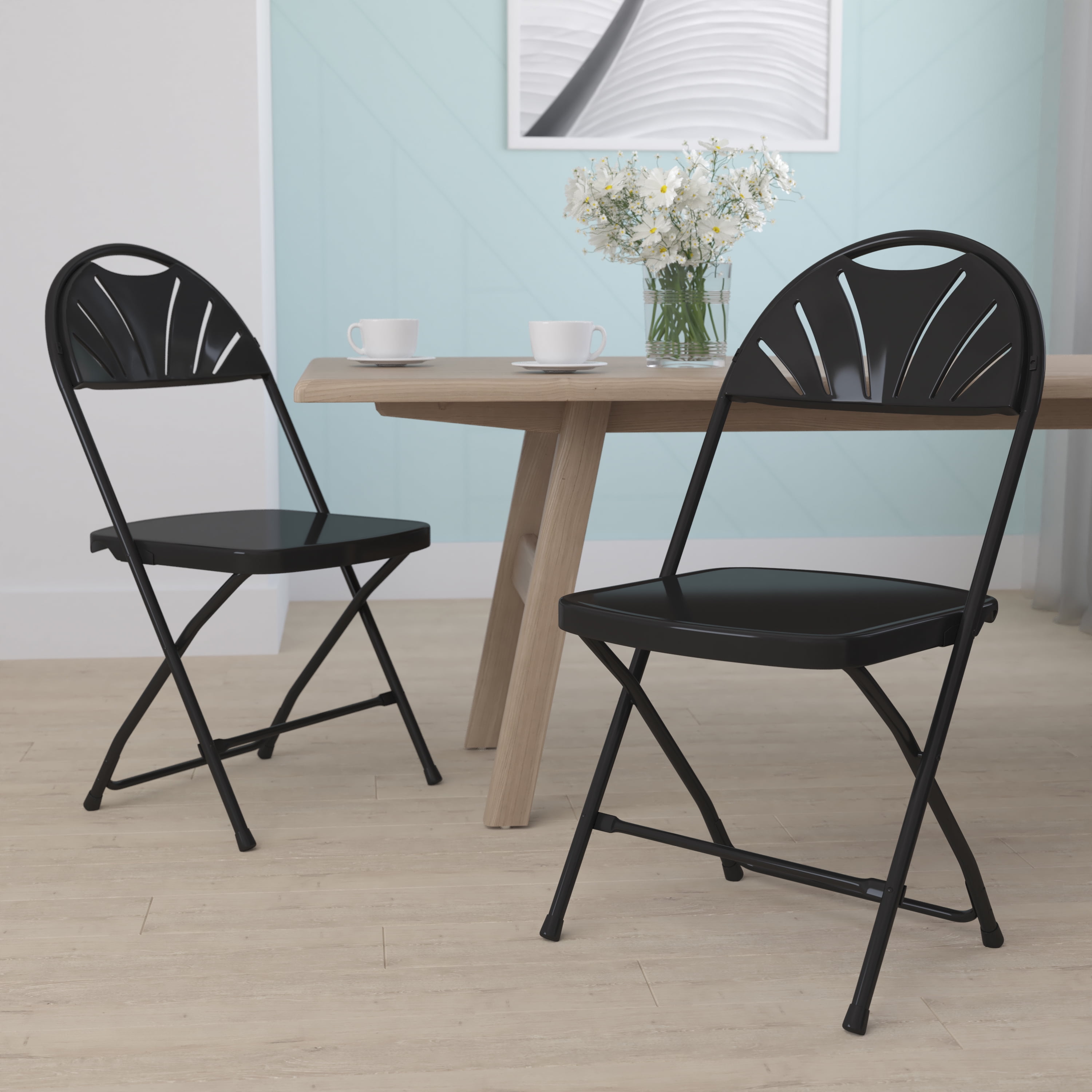 Emma Oliver 2 Pack 650 lb. Capacity Black Plastic Fan Back Folding Chair