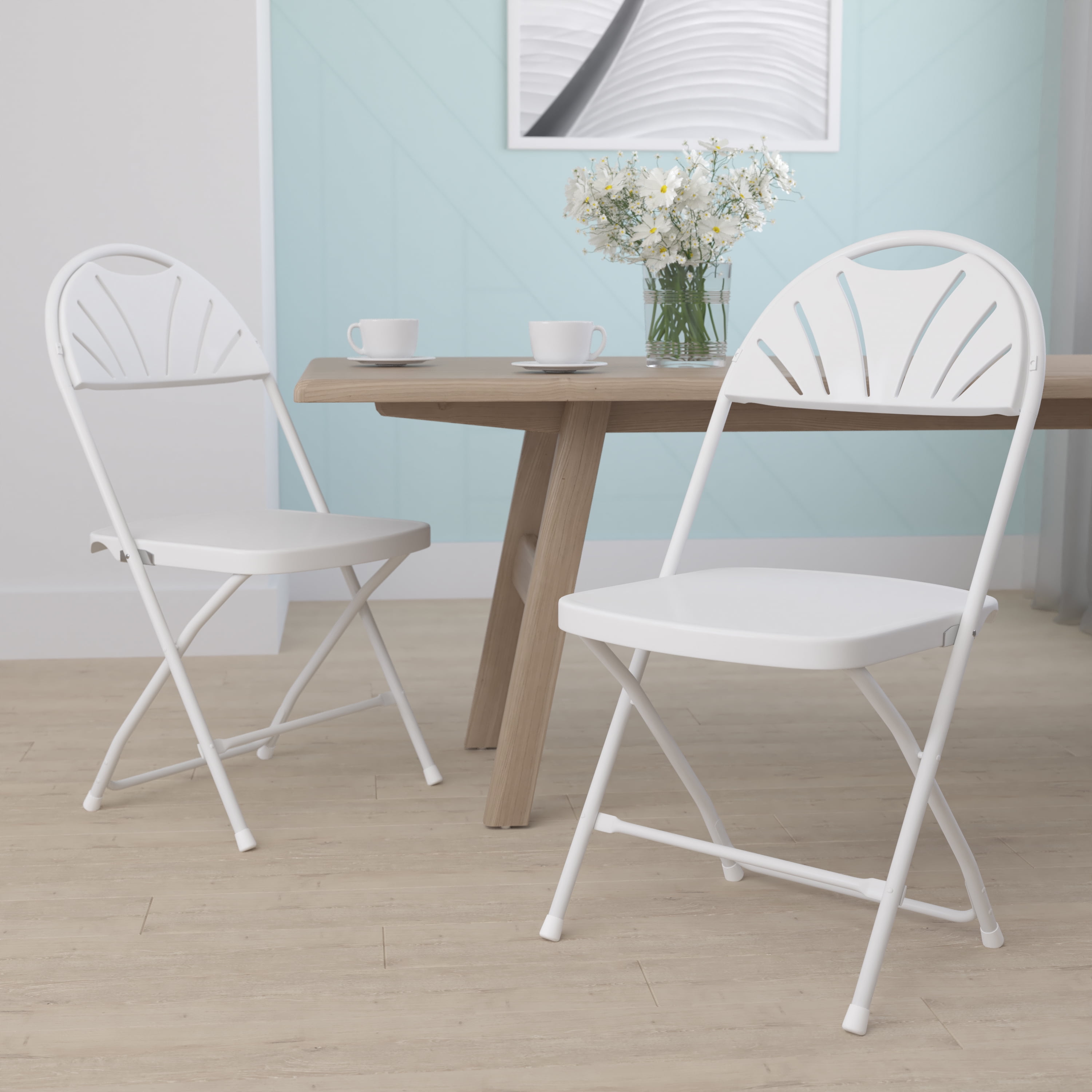 White Plastic Fan Back Folding Chairs with Steel Frame, 2-Pack