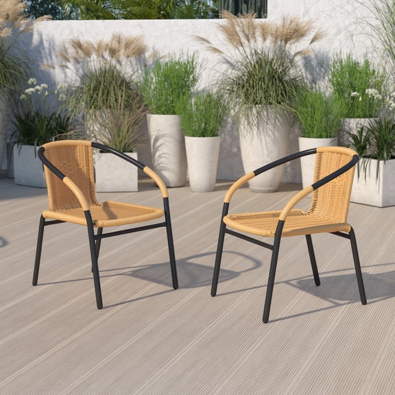 Emma + Oliver 2 Pack Beige Rattan Indoor-Outdoor Restaurant Stack Chair with Curved Back