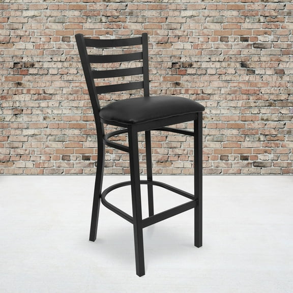 Emma + Oliver 2 Pack Black Ladder Back Metal Restaurant Barstool - Black Vinyl Seat