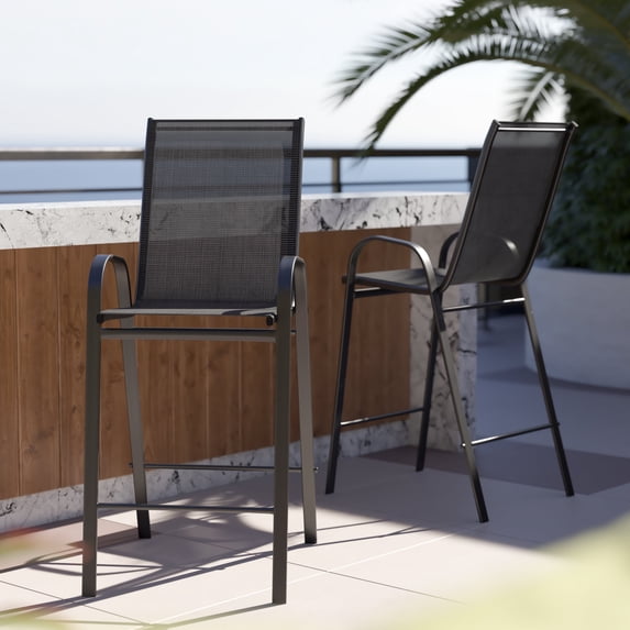 Emma + Oliver 2 Pack Black Outdoor Barstool with Flex Comfort Material and Metal Frame