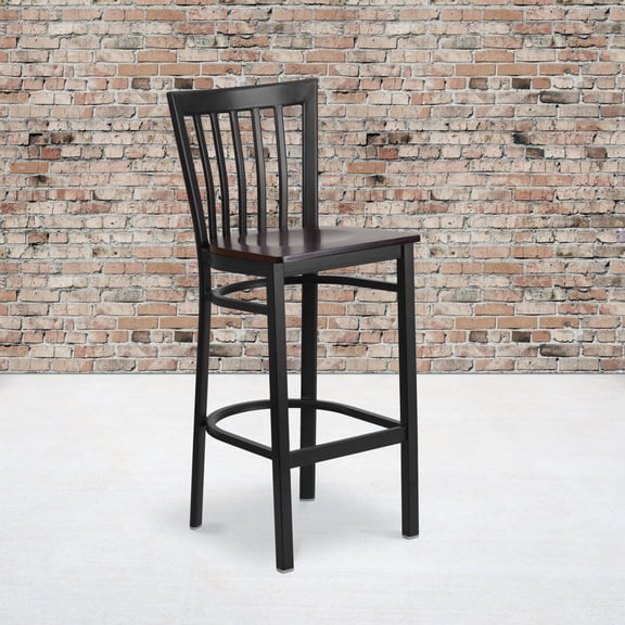 Emma + Oliver 2 Pack Black School House Back Metal Restaurant Barstool - Walnut Wood Seat