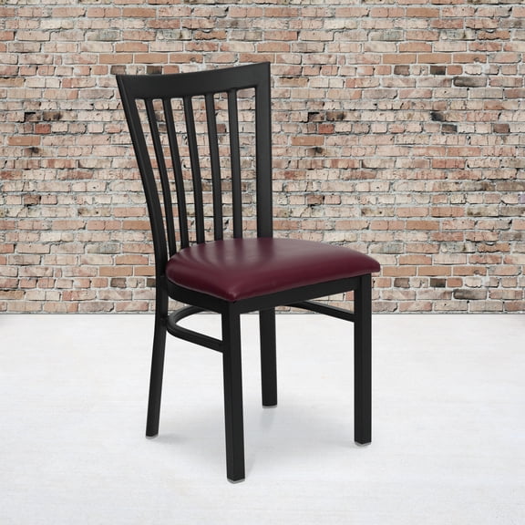 Emma + Oliver 2 Pack Black School House Back Metal Restaurant Chair - Burgundy Vinyl Seat