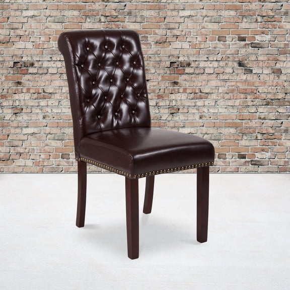 Emma + Oliver 2 Pack Brown LeatherSoft Parsons Chair-Rolled Back, Accent Nail Trim &Walnut Finish