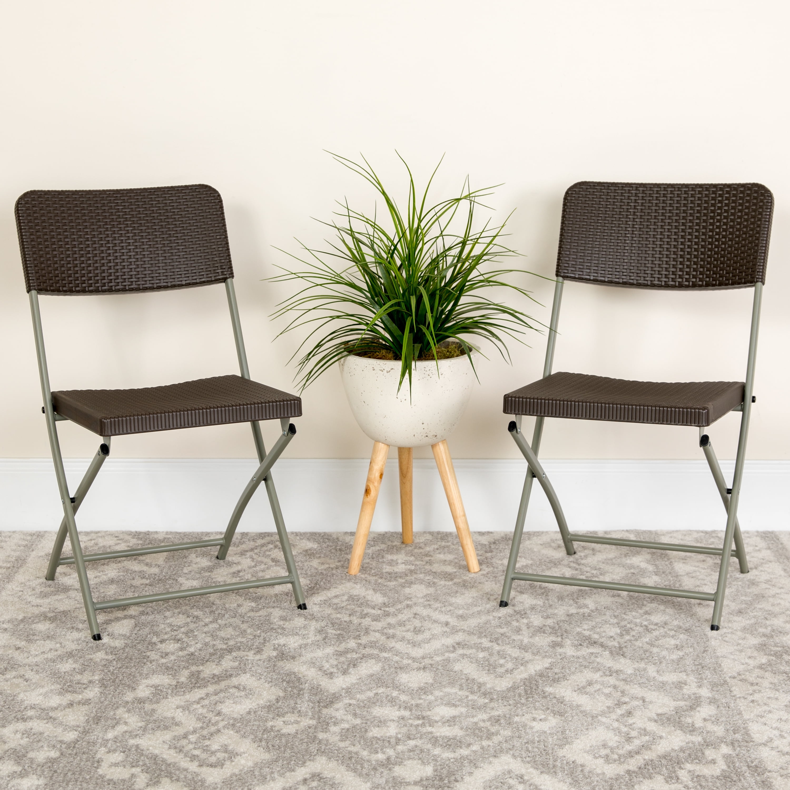 Emma and Oliver Brown Rattan Plastic Folding Chairs, Set of 2