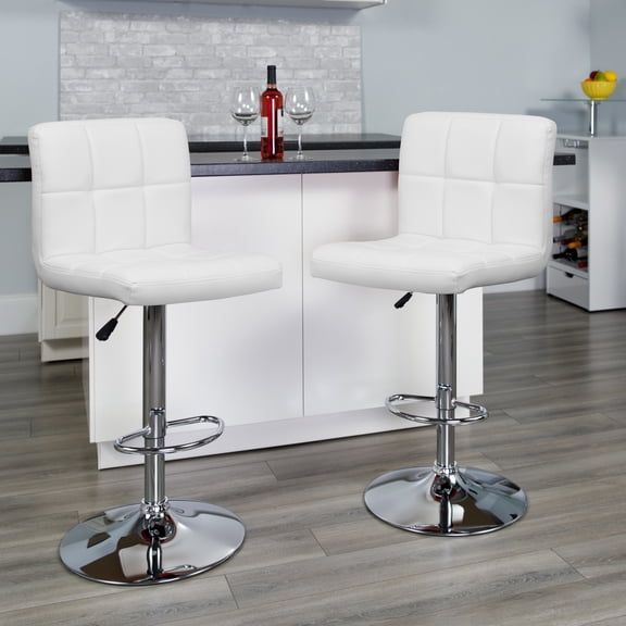 Emma + Oliver 2 Pack Contemporary White Quilted Vinyl Adjustable Height Barstool with Chrome Base