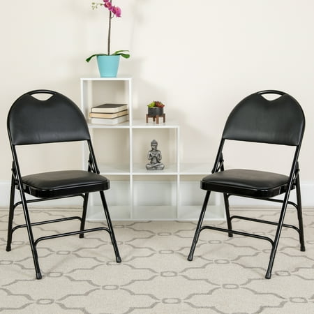 Emma + Oliver 2 Pack Easy-Carry Black Vinyl Metal Folding Chair
