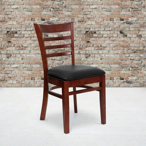 Emma + Oliver 2 Pack Ladder Back Mahogany Wood Restaurant Chair - Black Vinyl Seat