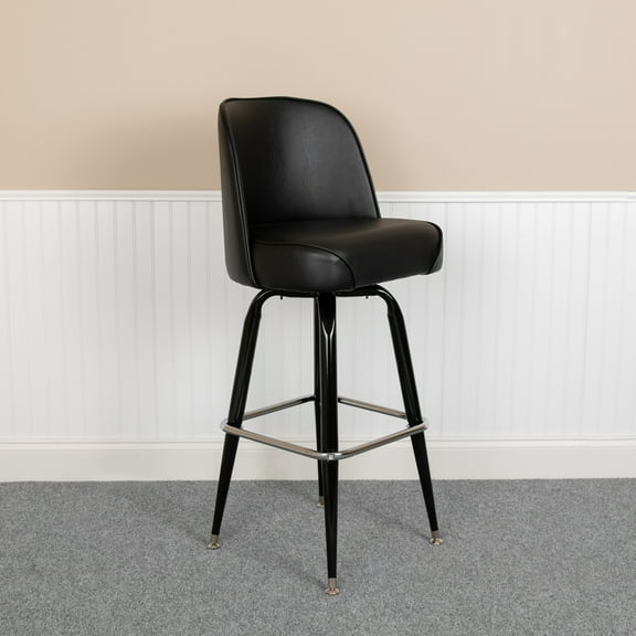 Emma + Oliver 2 Pack Metal Barstool with Swivel Black Vinyl Upholstered Bucket Seat and Footrest