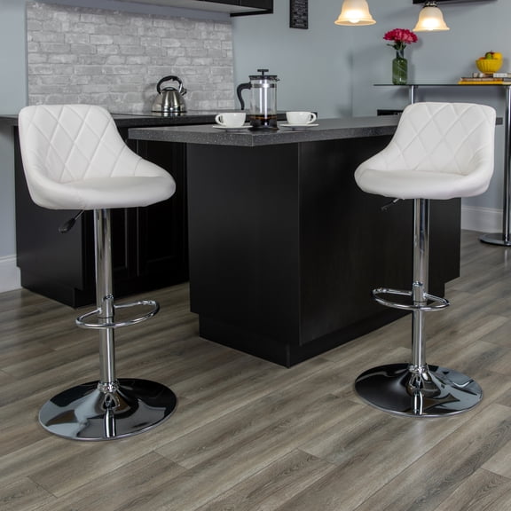 Emma + Oliver 2 Pack White Vinyl Bucket Seat Adjustable Height Barstool with Diamond Pattern Back