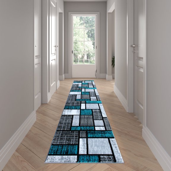 Emma + Oliver 2'x11' Accent Rug with Geometric Mosaic Design in Turquoise, Gray, Black and White and Natural Jute Backing