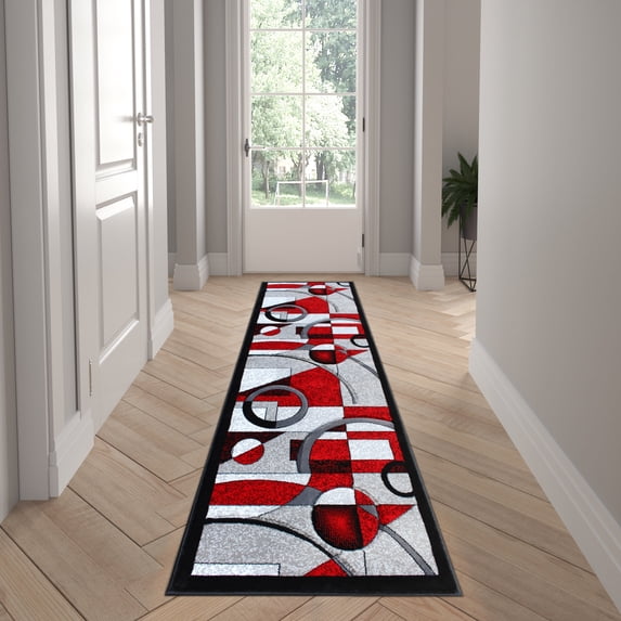 Emma + Oliver 2'x7' Accent Rug with Abstract Geometric Design in Gradient Shades of Red, Gray, Black and White with Jute Backing