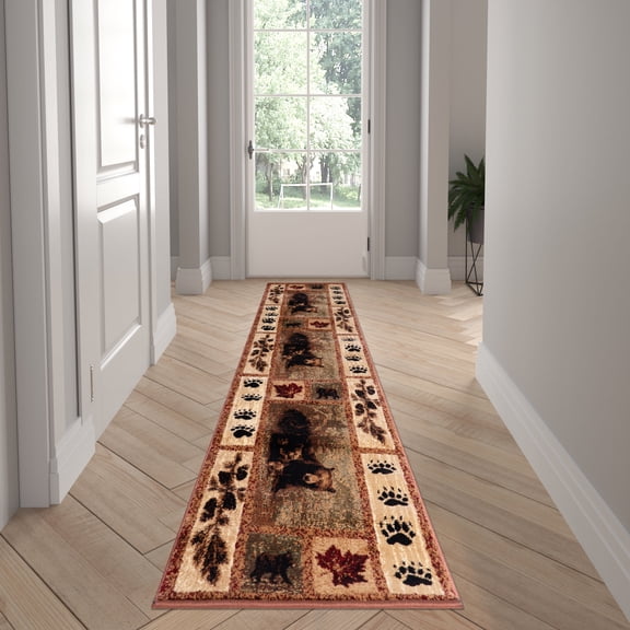 Emma + Oliver 2'x7' Accent Rug with Mother Brown Bear and 2 Cubs Nature Scene and Leaf and Bear Track Detailing for Home, Cabin or RV