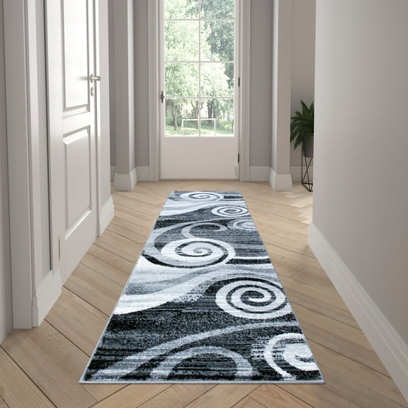 Emma + Oliver 2'x7' Contemporary Swirl Plush Pile Accent Rug with Scraped Effect in Gray, Black and White and Jute Backing