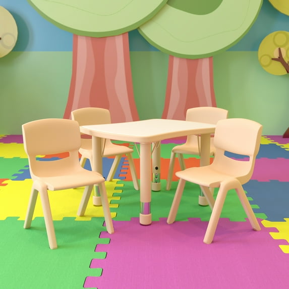 Emma + Oliver 21.875"W x 26.625"L Rectangle Natural Plastic Activity Table Set with 4 Chairs