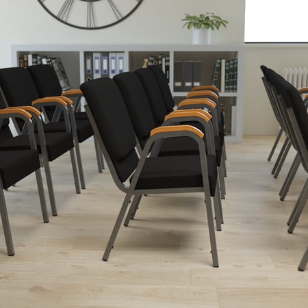 Emma + Oliver 21" Stackable Church Chair with Arms in Black Fabric - Silver Vein Frame
