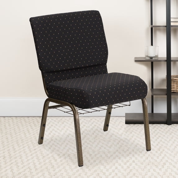 Emma + Oliver 21"W Church Chair, Black Patterned Fabric Cup Book Rack/Gold Vein
