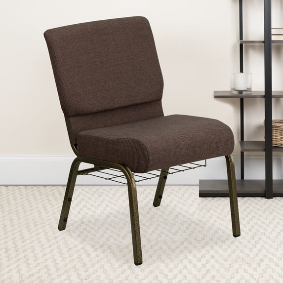 Emma + Oliver 21"W Church Chair, Brown Fabric Cup Book Rack/Gold Vein Frame