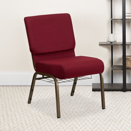 Emma + Oliver 21"W Church Chair, Burgundy Fabric Cup Book Rack/Gold Vein Frame