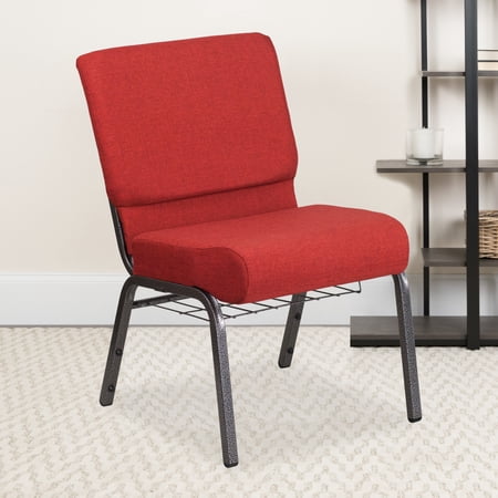 Emma + Oliver 21"W Church Chair, Crimson Fabric Cup Book Rack/Silver Vein Frame