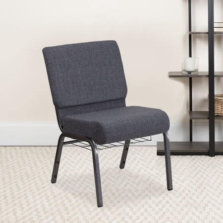 Emma + Oliver 21"W Church Chair, Dark Gray Fabric Book Rack/Silver Vein Frame