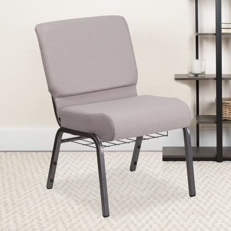 Emma + Oliver 21"W Church Chair, Gray Dot Fabric Book Rack/Silver Vein Frame