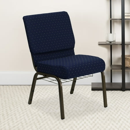 Emma + Oliver 21"W Church Chair, Navy Blue Patterned Fabric Book Rack/Gold Vein