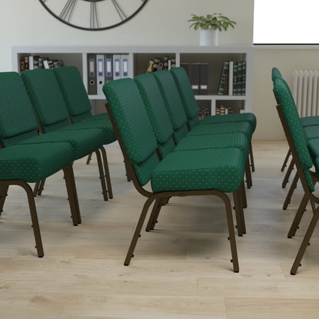 Emma + Oliver 21"W Stack Church Chair, Hunter Green Patterned Fabric/Gold Vein