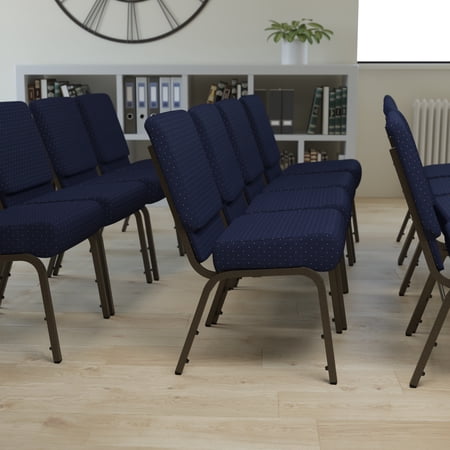 Emma + Oliver 21"W Stack Church Chair, Navy Blue Dot Patterned Fabric/Gold Vein