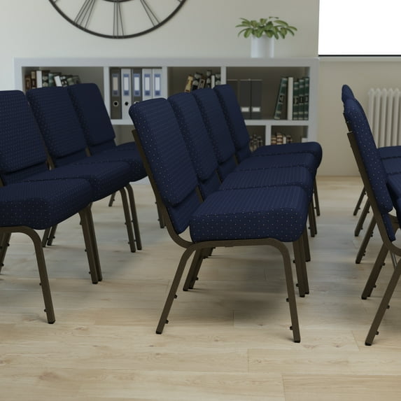 Emma + Oliver 21"W Stack Church Chair, Navy Blue Dot Patterned Fabric/Gold Vein