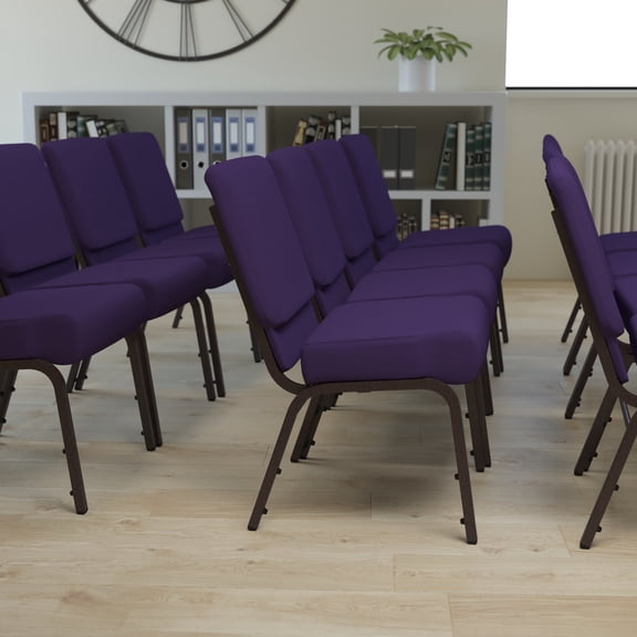 Emma + Oliver 21"W Stack Church Chair, Royal Purple Fabric/Gold Vein Frame