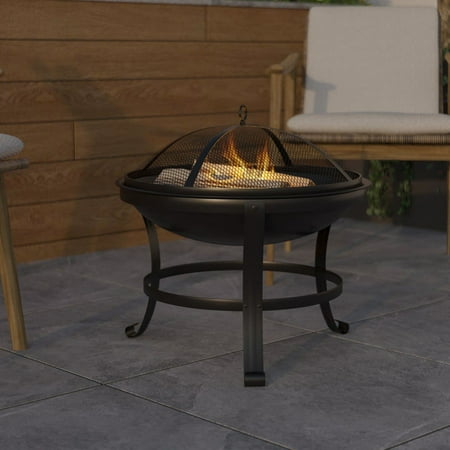 Emma + Oliver 22" Round Wood Burning Outdoor Portable Firepit With Mesh Spark Screen and Poker