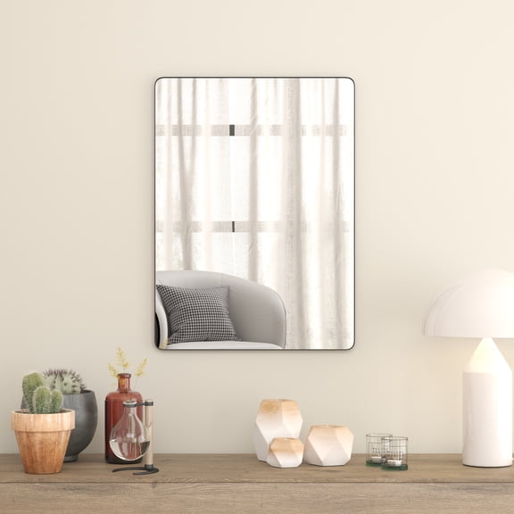 Emma + Oliver 22" x 30" Black Powder Coated Metal Decorative Wall Hanging Mirror with Rounded Corners; Hangs Horizontally or Vertically