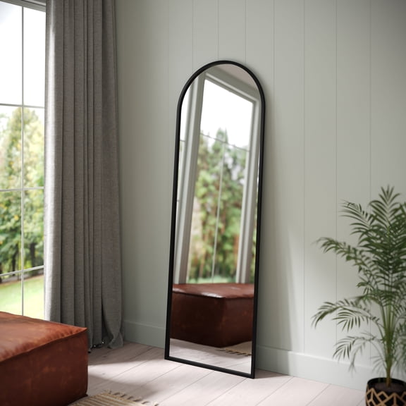 Emma + Oliver 22"x65" Slim Metal Framed Arched Full Length Floor Mirror, Wall Mounted or Wall Leaning, Black