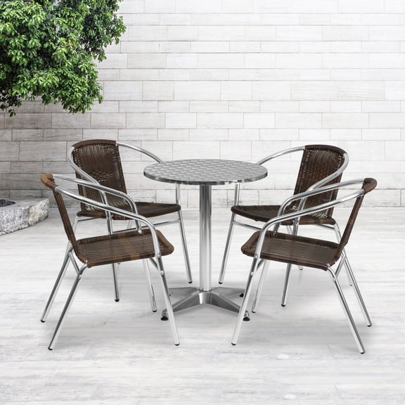 Emma   Oliver 23.5" Round Aluminum Table Set-4 Dark Brown Rattan Chairs