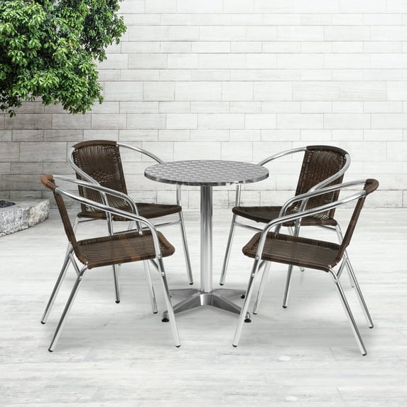 Emma + Oliver 23.5" Round Aluminum Table Set-4 Dark Brown Rattan Chairs