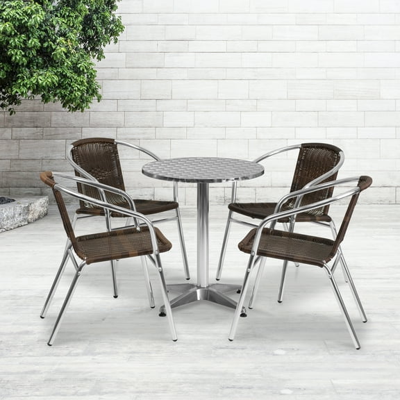 Emma + Oliver 23.5" Round Aluminum Table Set-4 Dark Brown Rattan Chairs