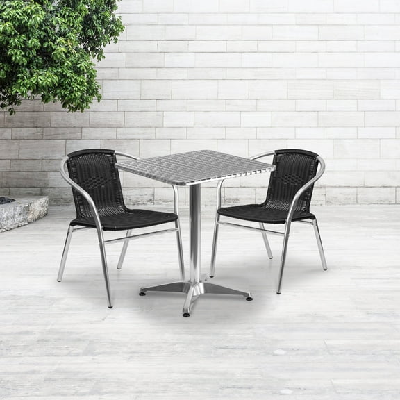 Emma + Oliver 23.5" Square Aluminum Table Set-2 Black Rattan Chairs