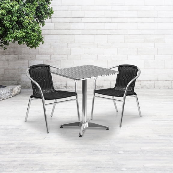 Emma   Oliver 23.5" Square Aluminum Table Set-2 Black Rattan Chairs