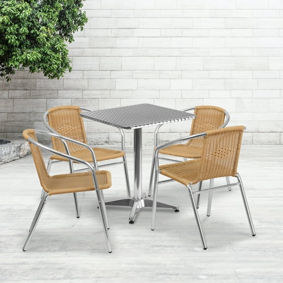 Emma + Oliver 23.5" Square Aluminum Table Set-4 Beige Rattan Chairs
