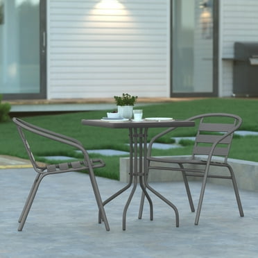 Emma + Oliver 23.5'' Square Glass Top Metal Table with 2 Silver Aluminum Slat Stack Chairs