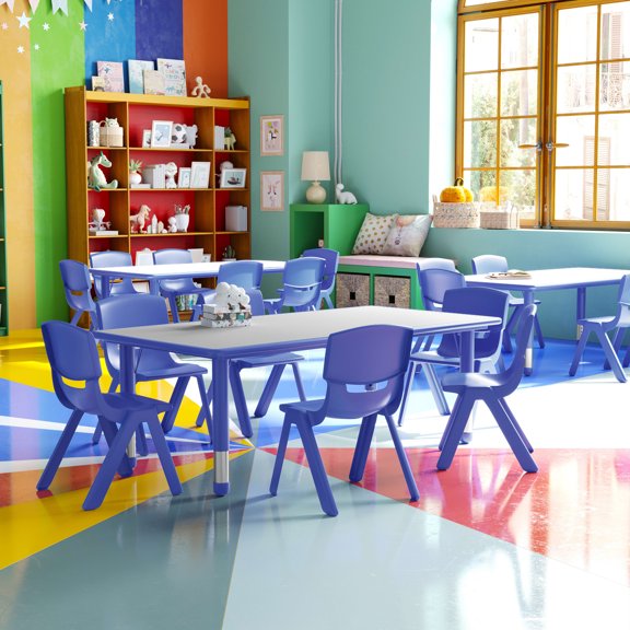 Emma + Oliver 23.625"W x 47.25"L Blue Plastic Activity Table Set-6 Chairs