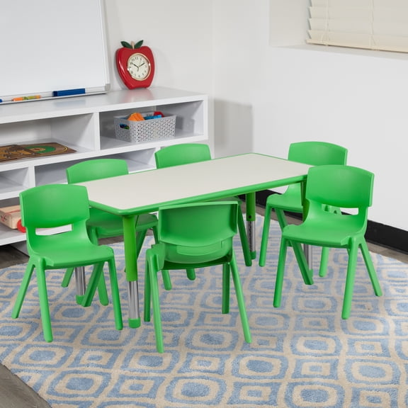 Emma + Oliver 23.625"W x 47.25"L Green Plastic Activity Table Set-6 Chairs